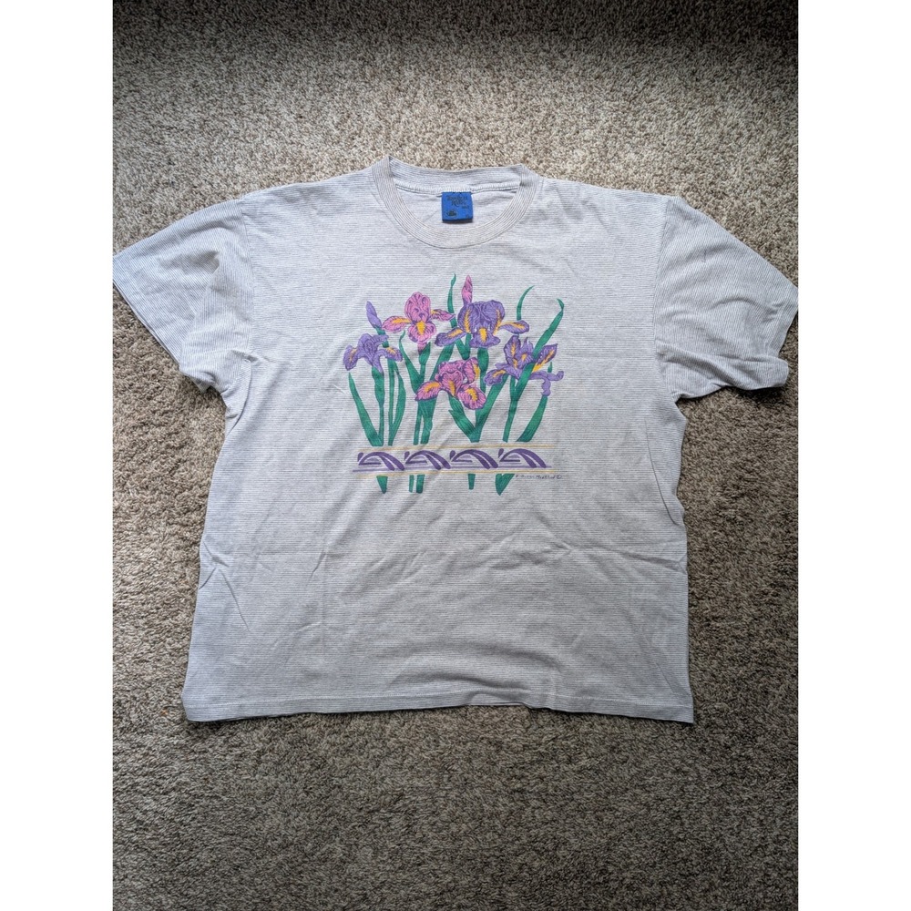 Vtg 80s T-Shirt XL Grey Floral Iris Art Print Striped Tee Local Artist Graphic